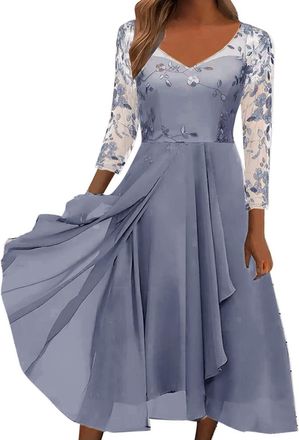 Generic Womens Chiffon Patchwork V-Neck Mesh Hollow Long Dress Bridesmaid Evening Dresses Casual Dress Black Tight Dresses, blue, XXXL