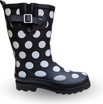 TOSH Womens Ladies Wellies Rubber Rain Boots Wellingtons Short & Tall Dog Paw Skull Festival Snow Buckle Adjustable (Black/White Spot Half, UK Footwear Siz