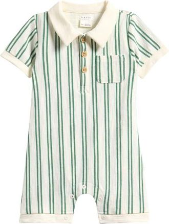 Petit Lem Fern Stripe Organic Cotton Polo Romper in Beige at Nordstrom, Size 24M