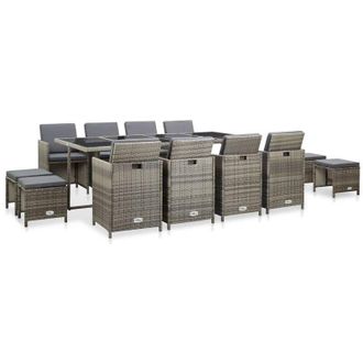 vidaXL Set Comedor De Jard&iacute;n 13 Piezas Y Cojines Rat&aacute;n Sint&eacute;tico Gris Vidaxl