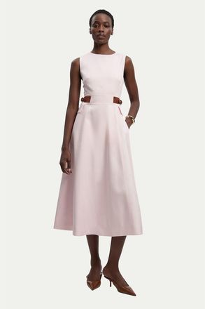 Karen Millen Fitted Belt Crew Neck Midi Dress in Blush at Nordstrom, Size 12