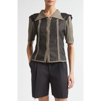 Maison Margiela Jacquard Silk Organza Mixed Media Short Sleeve Button-Up Shirt in Beige/Black at Nordstrom, Size 8 Us