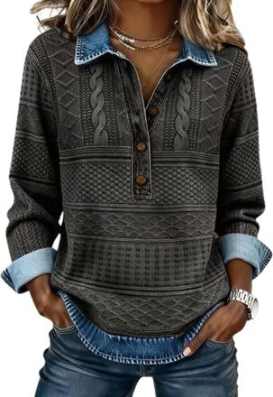 Generic Womens Denim Sweater Collar Button up Patchwork Denim Pullover Tops Vintage Waffle Knit Jean Sweater Casual Wear Blouses Tops