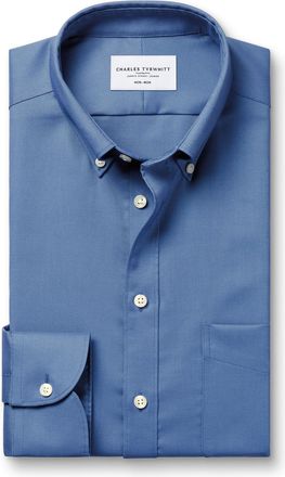 CHARLES TYRWHITT Button-Down Non-Iron Stretch Oxford Cotton Shirt - Cornflower Blue Single Cuff Size 15.5/33 by Charles Tyrwhitt