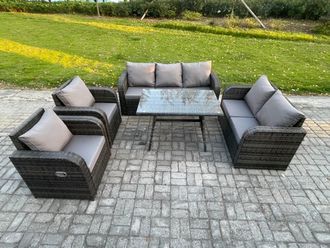 Fimous 7 Seater High Back PE Rattan Sofa Set Outdoor Garden Furniture Dining Table Set With Reclining Chair 3 Seater Sofa in Dark Grey