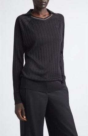 Wales Bonner Roots Long Sleeve Rib Polo in Black at Nordstrom, Size Medium