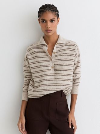 Reiss Neutral & brown Wool-cashmere Stripe Buttoned Jumper, XS