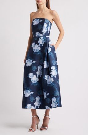 Sachin & Babi Shay Floral Strapless Stretch Mikado Cocktail Midi Dress in Midnight Glacial Rose at Nordstrom, Size 4