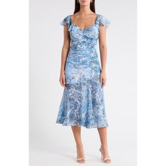 Sugarlips Tierra Floral Nadia Ruched Midi Dress in Blues at Nordstrom, Size X-Large