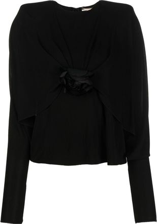 Saint Laurent Flower crepe long-sleeve top - women - Silk/Cotton/Viscose - 36 - Black