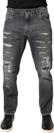 Dolce & Gabbana Mens Dark Gray Tattered Cotton Loose Denim Jeans Clothing