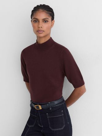 Reiss Burgundy Cotton and Wool Funnel-neck Knit Top, XL