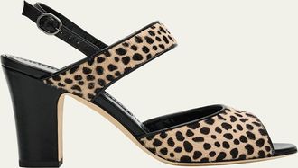 Manolo Blahnik 90mm Khiko Calf Hair Peep-Toe Slingback Sandals