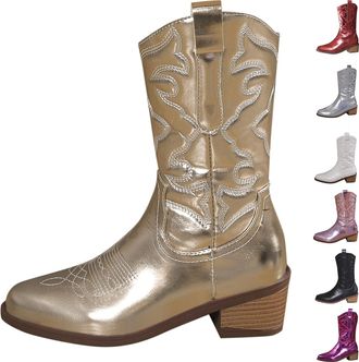Generic Gold Women Western Cowboy Boots Metallic Pointed Toe Embroidered Cowgirl Boot Mid-Calf Pull-On Chunky Heel Ankle Mid Shaft Fashion Boots Country Music