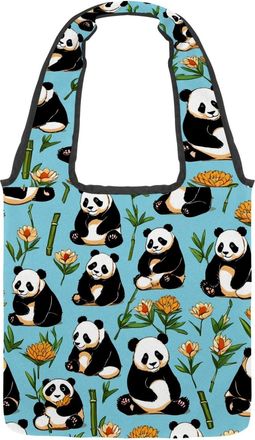 Generic Cute Panda on Blue Reversible Canvas Shoulder Tote - Double-Sided Print, 12oz Cotton, 27cm Drop, Fold-Flat Bag for Travel, Shopping, Street Outings