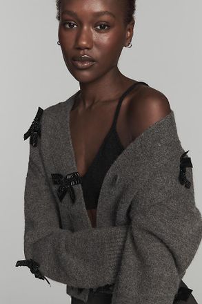 English Factory Bow-Embellished Crop Cardigan Sweater