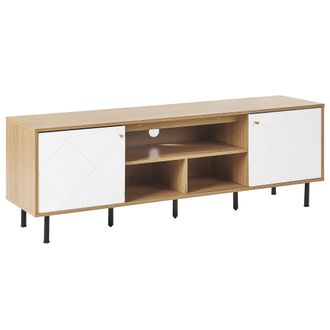 Beliani Beliani - Mueble De Tv Madera De Aglomerado Clara Blanco Metal 160 X 56 X 40 Cm Patas Negras 2 Puertas 3 Baldas Escandinavo Moderno Sala De Estar Palm