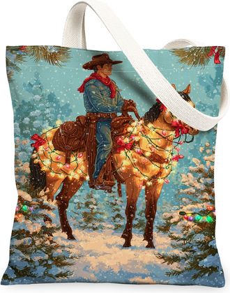Generic Christmas Horse Canvas Tote Bags, Cowboy Design Reusable Grocery Bags, Winter Rustic Lightweight Washable Canvas for Outdoor Travel 13x15 Inch