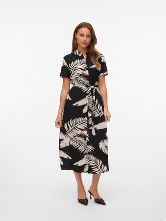 Vero Moda Hemdblusenkleid VERO MODA VMEASY JOY S/S LONG SHIRT DRESS WVN GA, Damen, Gr. XS, N-Gr, schwarz (schwarz aop:fioni), Web, Obermaterial: 100% Viskose, b