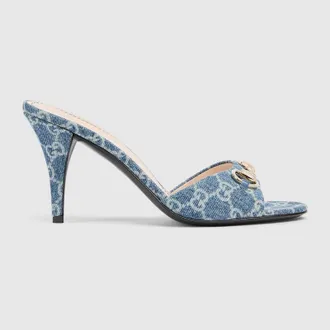 Gucci Womens Slide Sandal With Horsebit, Blue, Fabric