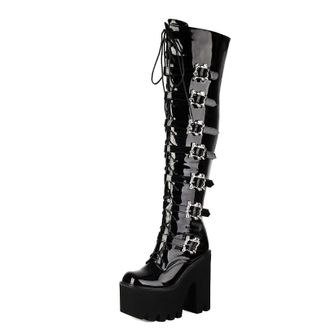 Generic Womens Patent Leather Gothic Punk Boots with Bat Wing Buckles Block High Heel Thigh High Boots Lace Up Over The Knee Boot with Zipper,Black1,3.5 UK