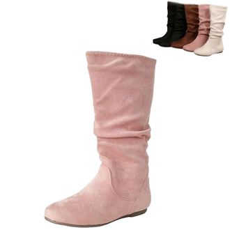 Generic Women Round Toe Slouch Vegan Comfy Flat Mid Calf Tall Faux Suede Leather Boots Slouchy Pull on Round Toe Knight Riding Shoes (Pink,3.5)