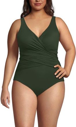 Lands End New SlenderSuit Wrap One Piece Swimsuit in Rich Olive Green at Nordstrom, Size 22W