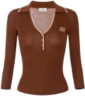 Elisabetta Franchi Ribbed Wool Polo - Dames - Polos - Bruin - L - Wol - Tops