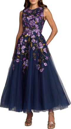 Mac Duggal Embroidered Sleeveless A-Line Midi Dress in Midnight Multi at Nordstrom, Size 10