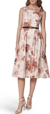 DKNY Floral Belted Stretch Cotton Dress in Snow Petal Multi at Nordstrom, Size 10