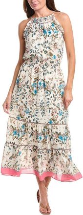 Max Studio Georgette Embroidered Neck Smocked Maxi Dress