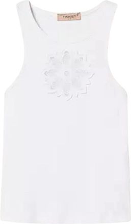 Twinset Gebloemde Geborduurde Rib Tanktop - Dames - Tops zonder mouwen - Wit - S - Katoen - Tops