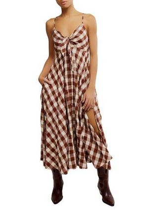 Free People Via Gingham Cotton Seersucker Sundress in Brown Combo Everly at Nordstrom Rack, Size Medium