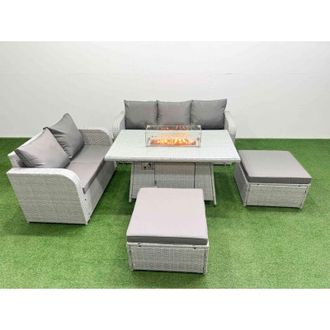 Fimous 7 Seater pe Rattan Wicker Garden Furniture Patio Conservatory Sofa Set with Firepit Dining Table 3 Seater Sofa Love Sofa 2 Big Footstool 2 Side Table