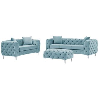 Vente-Unique Divano 3 posti, 2 posti e pouf Chesterfield in velluto azzurro pastello - EDWINA