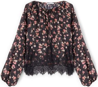 Motivi Overhemden, Dames, Zwart, L, Polyester, Georgette Blouse met Bloemendruk en Kant