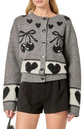 English Factory Cherry Heart Cardigan in Charcoal Multi at Nordstrom, Size X-Small