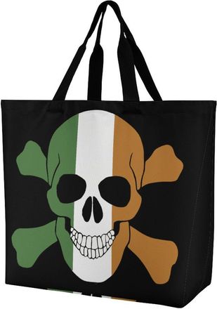 Generic Ireland Flag Skull Tote Bag Reusable Grocery Shopping Bags Large Travel One Shoulder Handbag for Picnic Work