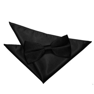 DQT Men Pre-Tied Plain Satin Adjustable Bow Tie + Pocket Square - Black