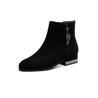 Generic Womens Round Toe Ankle Boots Suede-Like Fabric Low Block Heels With Side Zipper Crystal Feather Pendant Solid Color Durable Stylish Design,Black,3.5 U