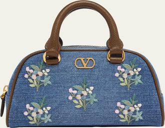 Valentino Garavani Floral-Embroidered Denim VLogo Top-Handle Bag