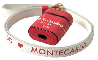 Dolce & Gabbana Womens Red Leather Gold Tone Metal Logo Print Strap Airpods Case Calf Accessory