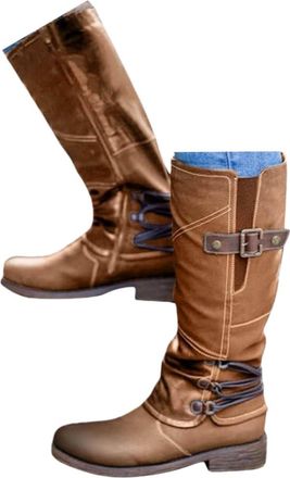 Generic Knee High Boots Biker Boots for Women Slim Calf Boot for Women Combat Boot Mid Calf Chunky Heel Slip on Round Toe Booties with Low Heel Dressy Vintage