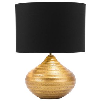 Beliani L&aacute;mpara De Mesa Cer&aacute;mica Dorada 42 Cm Pantalla Poli Algod&oacute;n Negro Base Acanalada Moderna Kuban