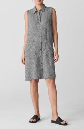 Eileen Fisher Gingham Sleeveless Organic Linen Shift Dress in Blkwh at Nordstrom Rack, Size Medium