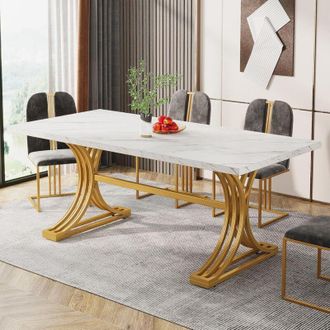 Tribesigns Tribesigns - Modern Dining Table, 160 x 80cm, White and Gold, Faux Marble Top, Metal Legs, Accommodates 4-6 People