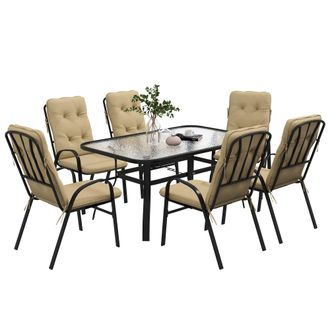 OUTSUNNY 7 PCs Garden Dining Set w/ Umbrella Hole & Cushion - Beige | TJ Hughes
