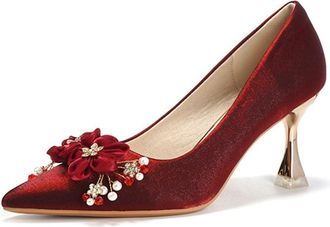 Generic Womens Elegant Flowers Spool High Heel Pumps Red Slip On Pointed Toe Bride Wedding Shoes (Wine Red,1.5)