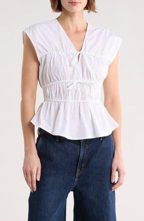 Ellen Tracy Shirred Tie Poplin Top in White at Nordstrom Rack, Size X-Large