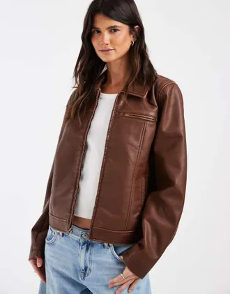 Hollister giacca aderente in pelle sintetica marrone